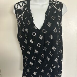 Lucky Brand Black and White Embellished Blouse with Mandarin Collar LG